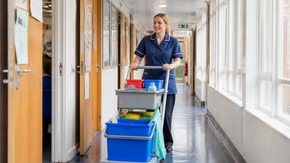 Professional cleaner in school corridor wearing uniform, pushing cleaning trolley past classroom doors with natural window lighting