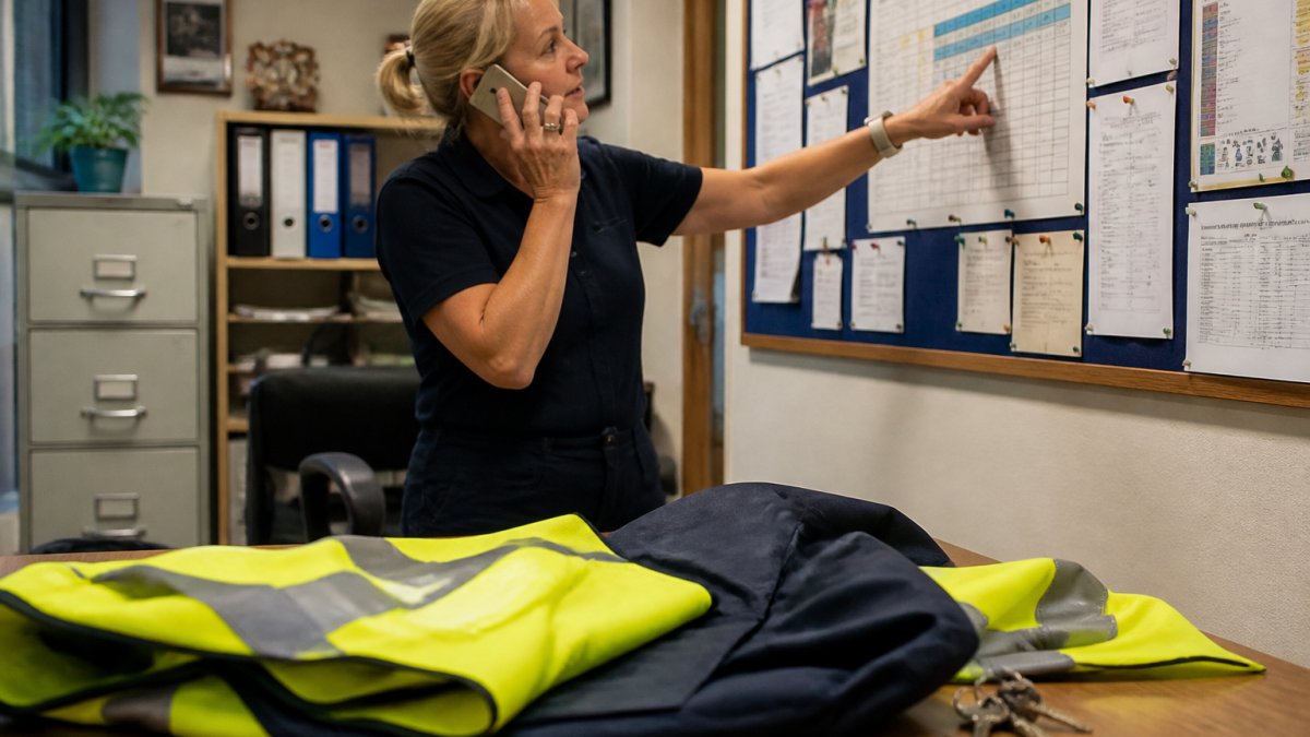 A school business manager speaking on a mobile phone in a school office while looking at a staff rota on a noticeboard, with a caretaker's high-vis jacket and keys visible on a desk in the foreground