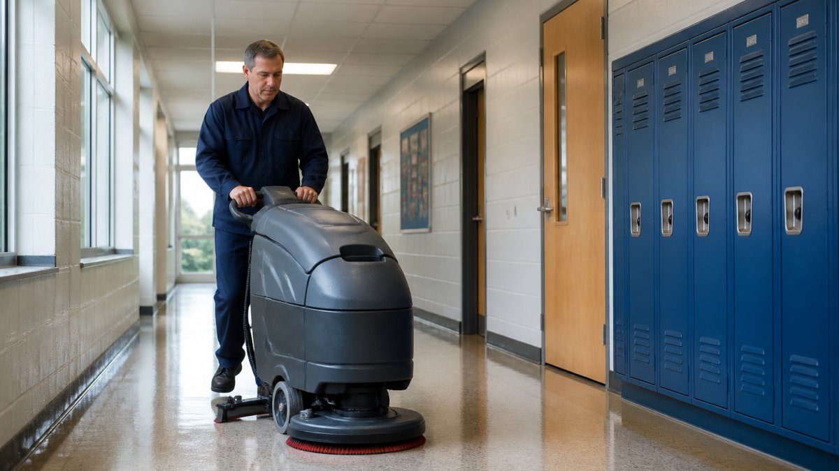 Professional caretaker operating a walk-behind floor scrubber in a school corridor with classroom doors and lockers visible, natural light from windows