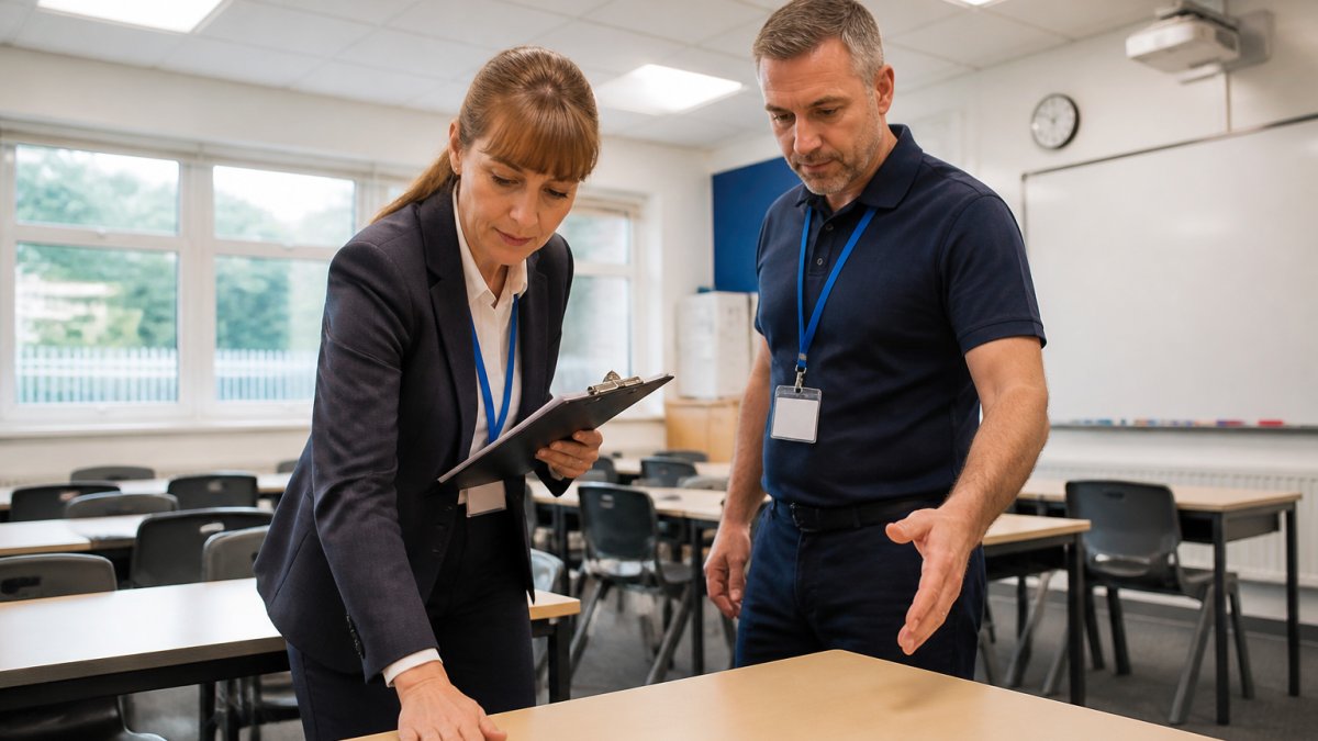 A school business manager and a cleaning supervisor inspecting a classroom, checking surfaces and discussing standards with a clipboard in hand