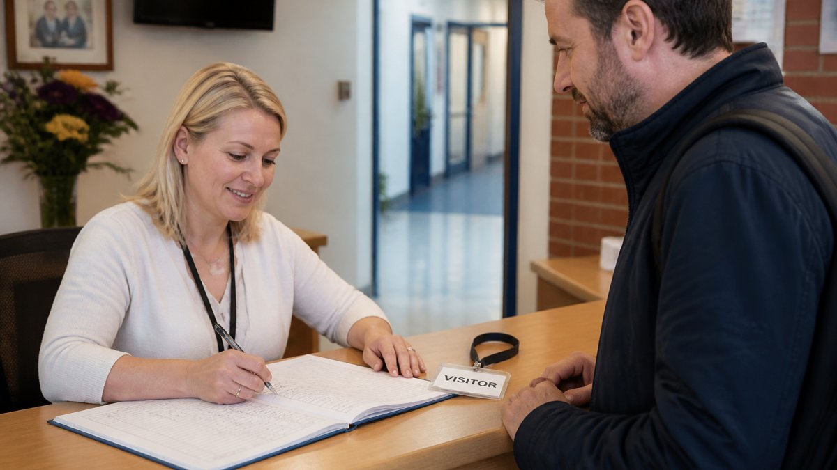 A school receptionist signing in a visitor at a front desk, with a visitor badge and sign-in book visible, bright and welcoming school entrance area