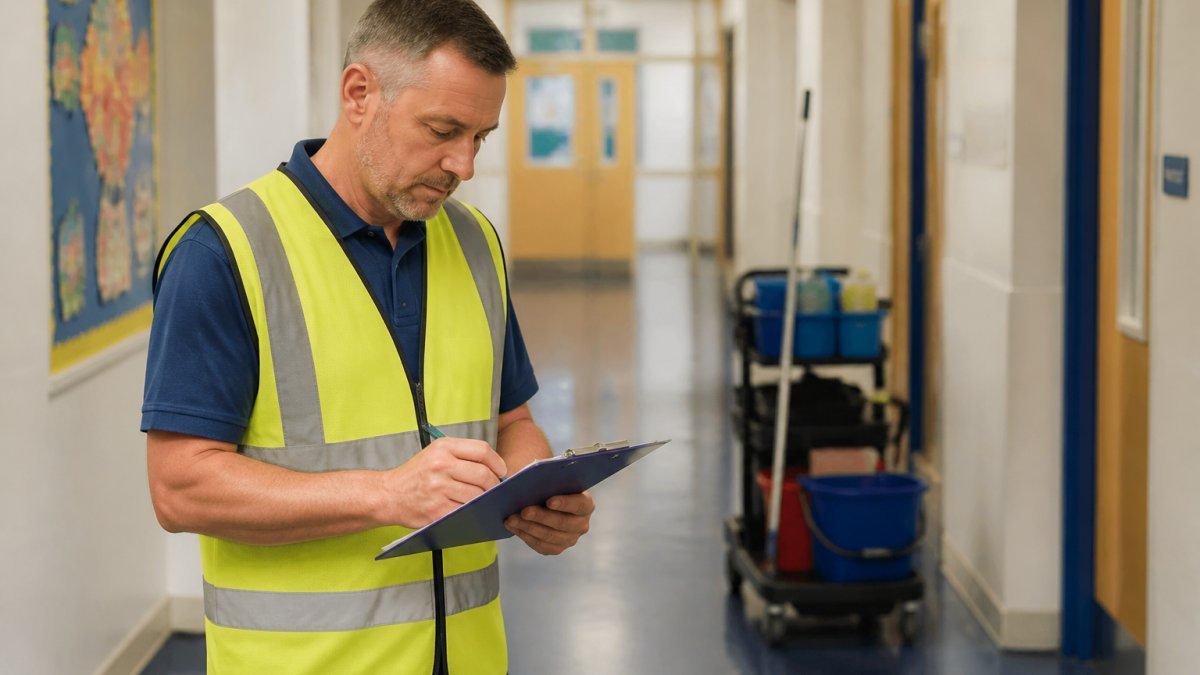 A school caretaker in a high-visibility vest checking a clipboard in a school corridor, with a cleaning trolley visible in the background