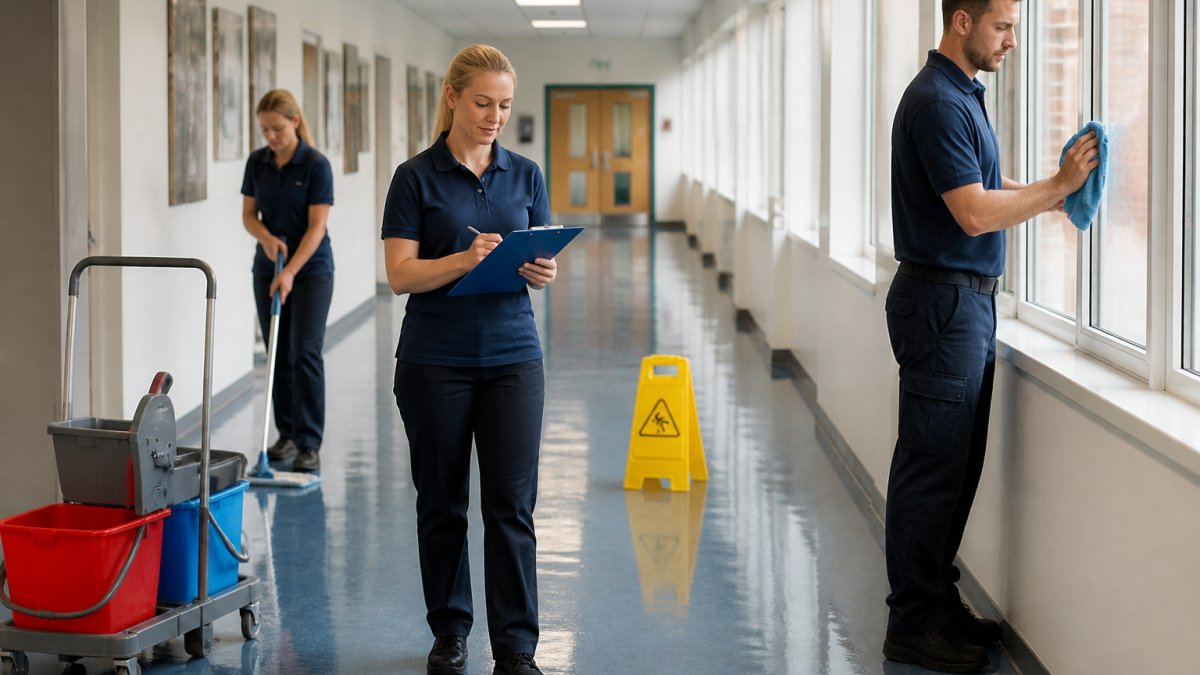 Professional cleaning team in uniform working in a bright school corridor, with one staff member checking a clipboard while others clean surfaces and windows