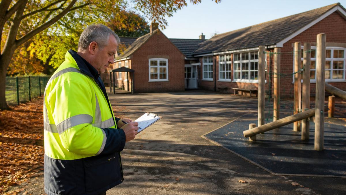 A school caretaker in a high-vis jacket checking a clipboard while inspecting a school playground and building exterior on a bright autumn morning, with a small primary school building in the background