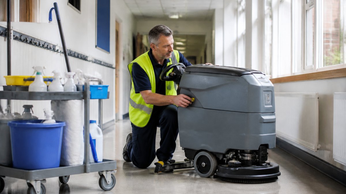 A school caretaker in a high-visibility vest inspecting a floor scrubber machine in a school corridor, with cleaning supplies on a trolley nearby and natural light from windows