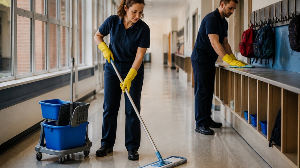 Professional cleaners working in a school corridor, mopping floors and cleaning surfaces with focused attention to detail, natural light from windows