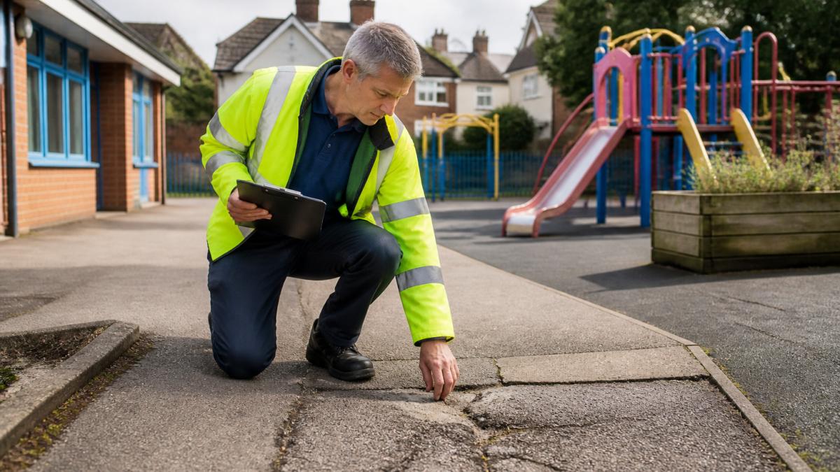A caretaker in a high-vis jacket inspecting a school playground path for cracks and trip hazards, clipboard in hand, with children's play equipment in the background